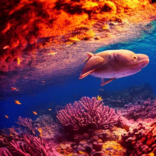 Image similar to treasure hidden under the coral in the ocean, beautiful composition, wide angle, colorful, cinematic, volumetric lighting, intricate details