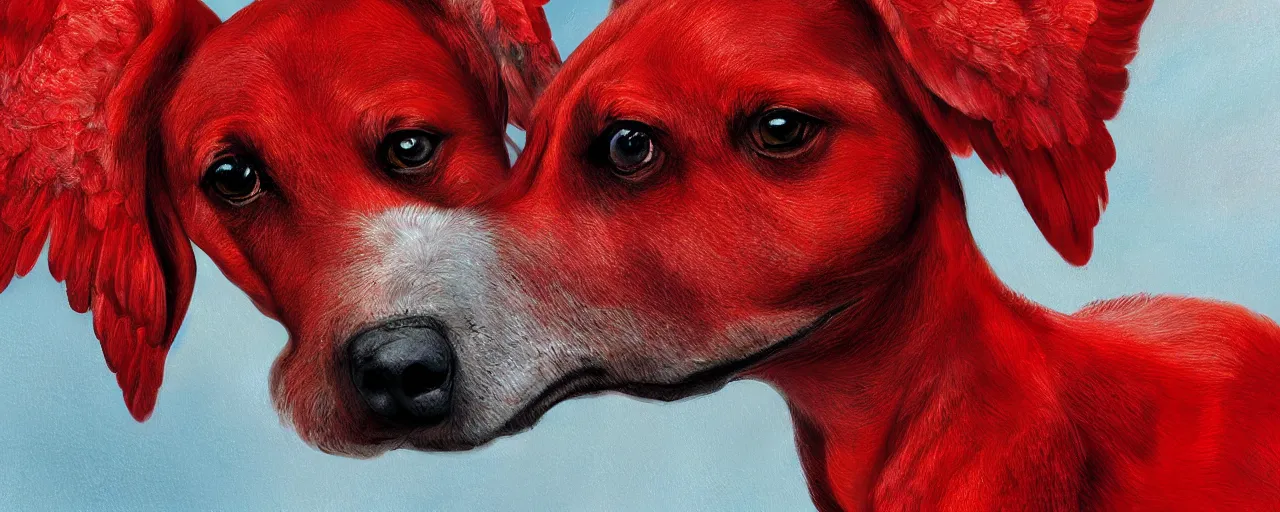 Prompt: a beautiful digital painting of a red dog with wings, close up, lots of light H-768