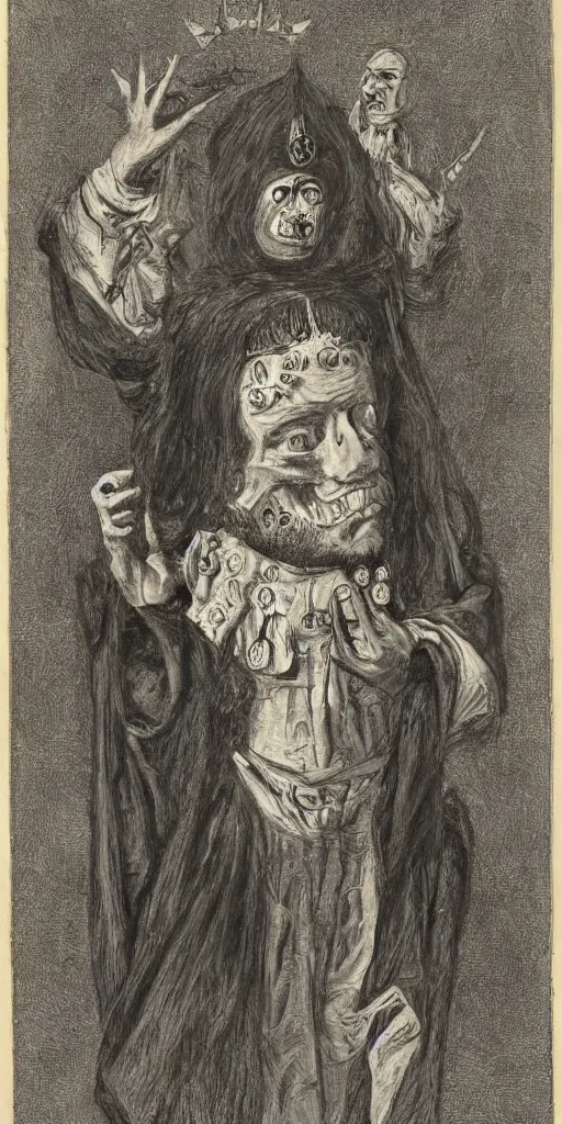 Prompt: portrait of a wizard with a disfigured face, wearing occult robes and ornate jewelry, no frame