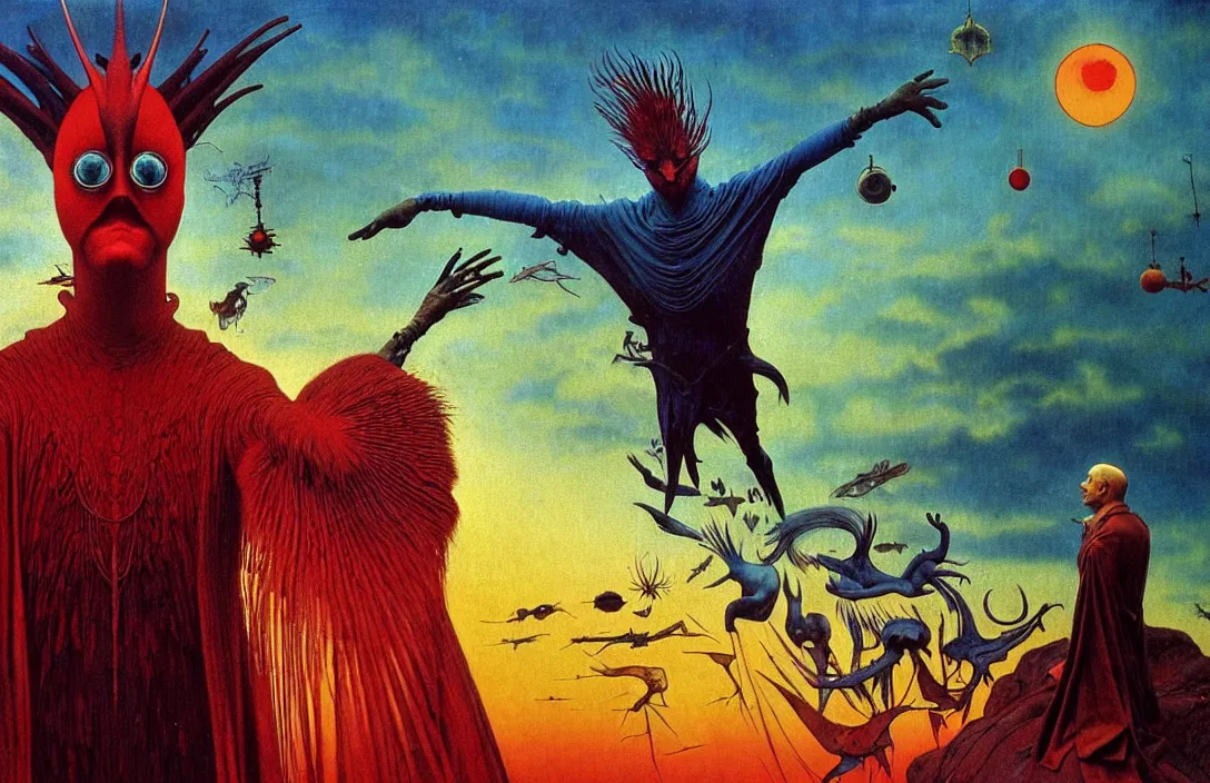 Image similar to realistic detailed portrait movie shot of a birdman wearing a dark robes, sci fi city landscape background by denis villeneuve, amano, yves tanguy, alphonse mucha, ernst haeckel, max ernst, roger dean, masterpiece, rich moody colours, dog teeth, blue eyes, sunset