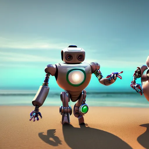 Image similar to two robots at the beach, intricate, elegant, highly detailed, 3 d render, cinema 4 d, artstation, concept art, smooth, sharp focus