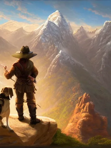 Image similar to an adventurer with his dog. near a precipice the sun and mountains on the background., intricate, elegant, highly detailed, digital painting, artstation, concept art, sharp focus, illustration, by justin gerard and artgerm, 8 k