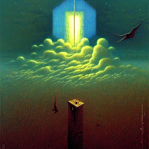 Prompt: hundreds flying birds, shining light, by beksinski, shining light, clouds, architecture, Award winning. Masterpiece, detailed illustration