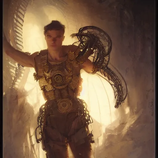 Prompt: handsome portrait of a young guy fitness posing, war hero, radiant light, caustics, volumetric wires surrounding, by gaston bussiere, bayard wu, greg rutkowski, giger, maxim verehin