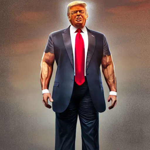 Prompt: extremely buff Donald Trump, steroids, testosterone, lifting weights, laughing, surrounded by women in swimsuits, trending on artstation, hyper realistic, golden hour