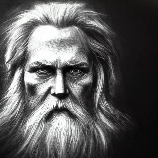 Image similar to Odin, charcoal portrait, artstation, fine-detailed