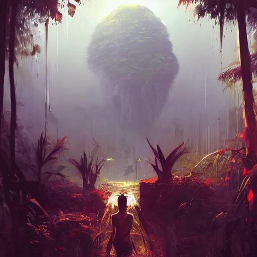 Image similar to jungle hallucination imagined by greg rutkowski under the influence of lsd, trending on artstation, award - winning artwork