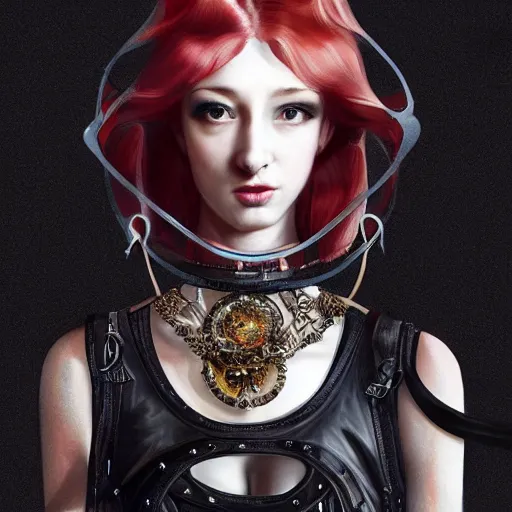 Prompt: A masterpiece portrait of a Incredibly beautiful futuristic high fashion queer model girl with A large luxurious Victorian necklace made of black leather and glass. Rococo dress from red leather. trending on artstation, digital art, by Stanley Artgerm Lau, WLOP, Rossdraws, James Jean, Andrei Riabovitchev, Marc Simonetti, Yoshitaka Amano