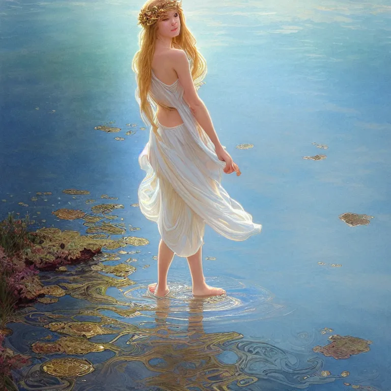 Image similar to highly detailed portrait of a barefoot white skirt girl stand on the water, water surface reflection, the calm sea level, gold filigree, romantic storybook fantasy, soft cinematic lighting, award, disney concept art watercolor illustration by mandy jurgens and alphonse mucha and alena aenami, pastel color palette, featured on artstation