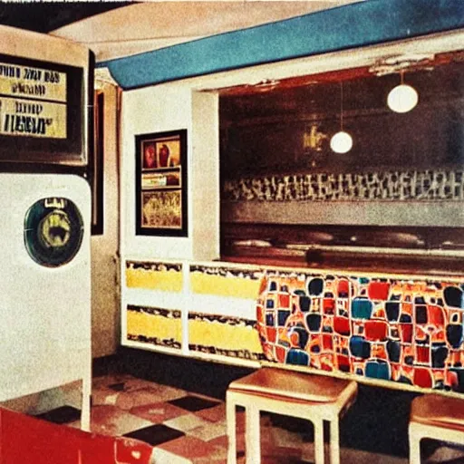 Image similar to late 70s eastern european haunted diner, interior design magazine photo