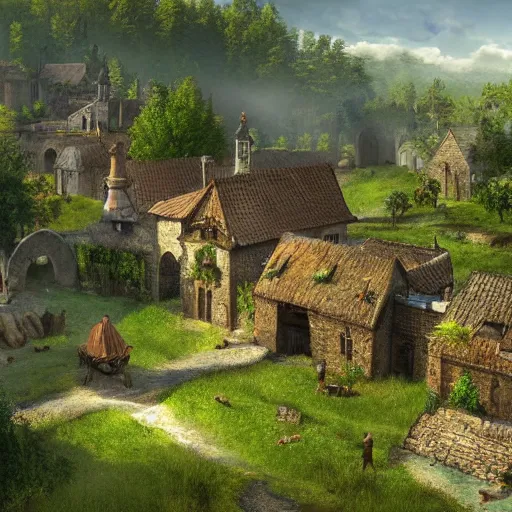 Image similar to medieval village in the middle of lush forest, highly detailed, rim light, art, cinematic lighting, very coherent, hyper realism