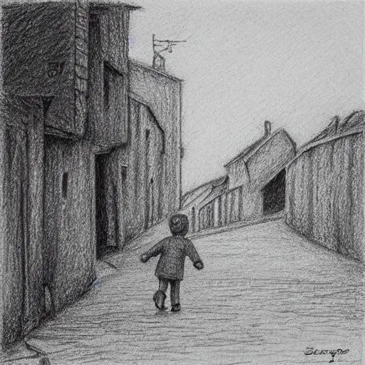 Image similar to rich detailed pencil drawing of little nicholas walking along a lonely village street, by jean - jacques sempe