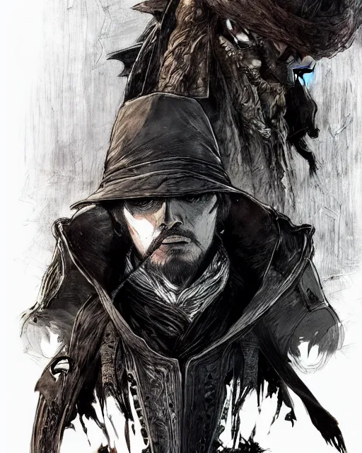 Image similar to portrait of a bloodborne hunter, concept art, sumi - e style, artstation, trending, highly detailed, smooth, focus, art by yoji shinkawa