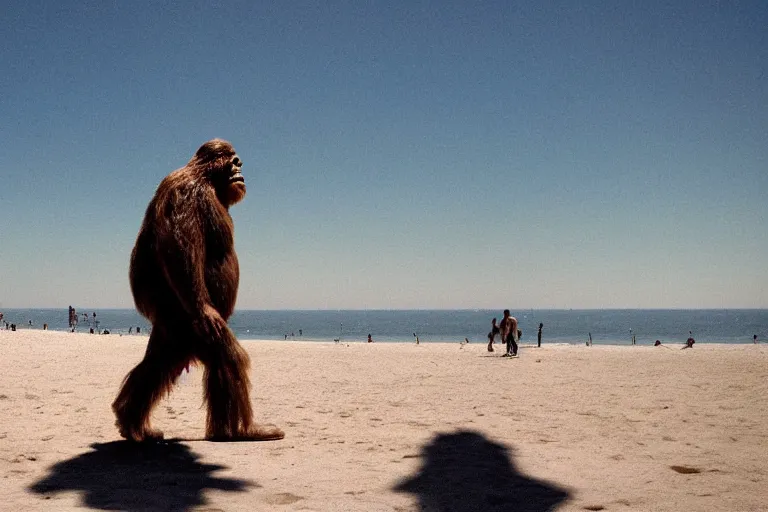 Prompt: cinematography of bigfoot wearing sunglasses walking down the Venice beach boardwalk by Emmanuel Lubezki