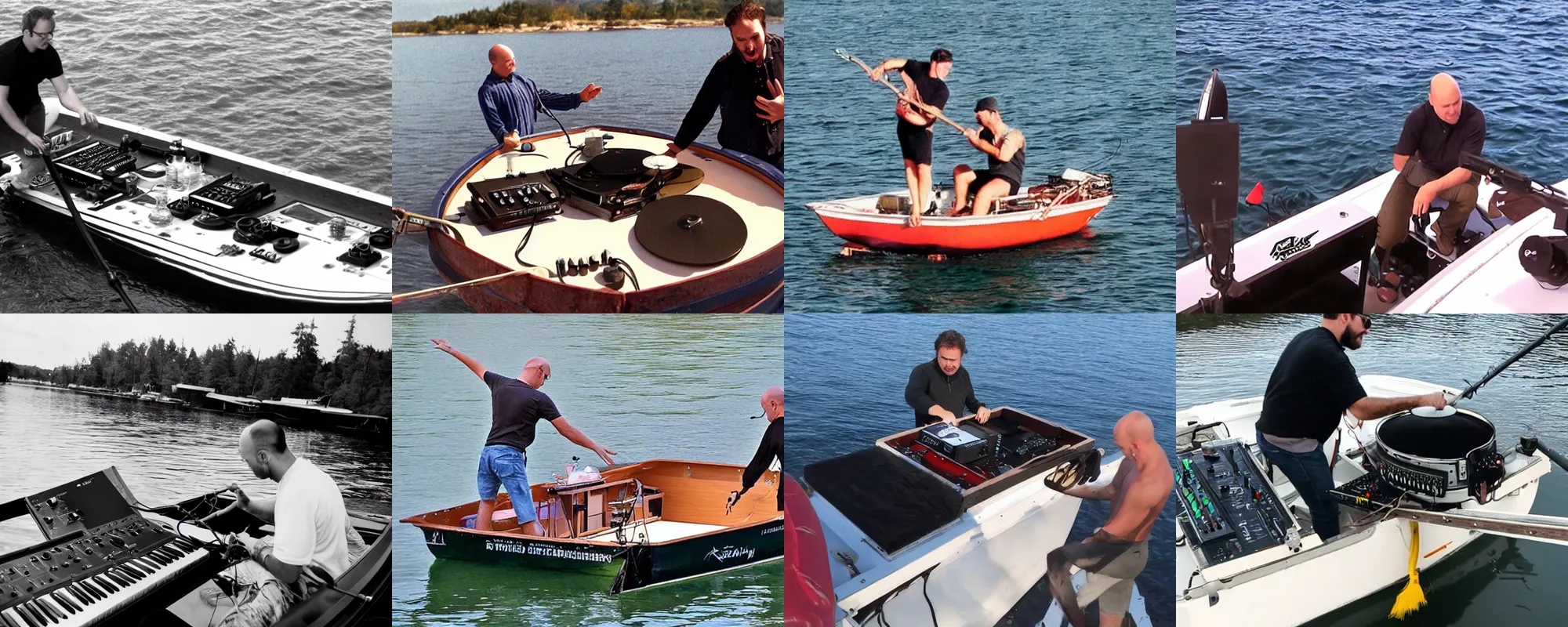 Prompt: Roland SH-101 synthesizer being thrown off of a rowboat by a bald musician