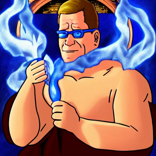 Image similar to hank hill as the god of propane, white tshirt, blue jeans, surrounded by blue fire, surrounded by blue flames, renaissance religious painting, late gothic religious paintings, byzantine religious art, trending on artstation