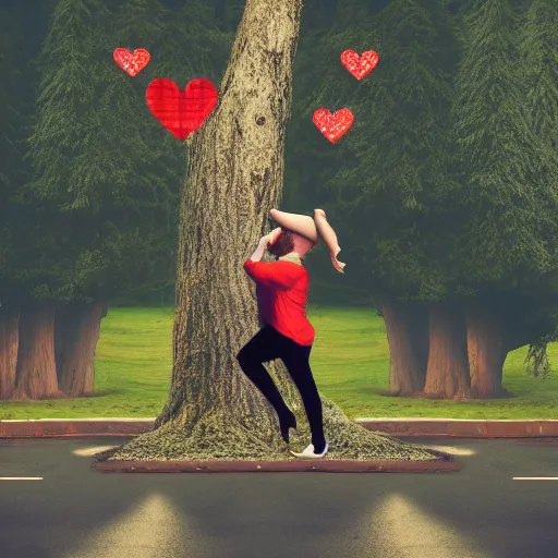 Prompt: a giantess man with a giant woman dancing together, enormous, big, photoshop, photo manipulation, trees, houses, street, hearts symbol