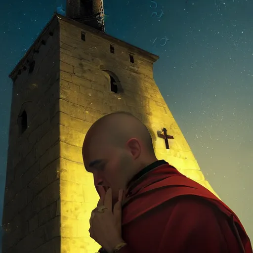 Prompt: Digital portrait of a catholic priest in his twenties fervently praying at the top of a medieval tower. He is looking terrified as a yellow shadow descends upon him from the night sky. Dramatic lighting. Award-winning digital art, trending on ArtStation