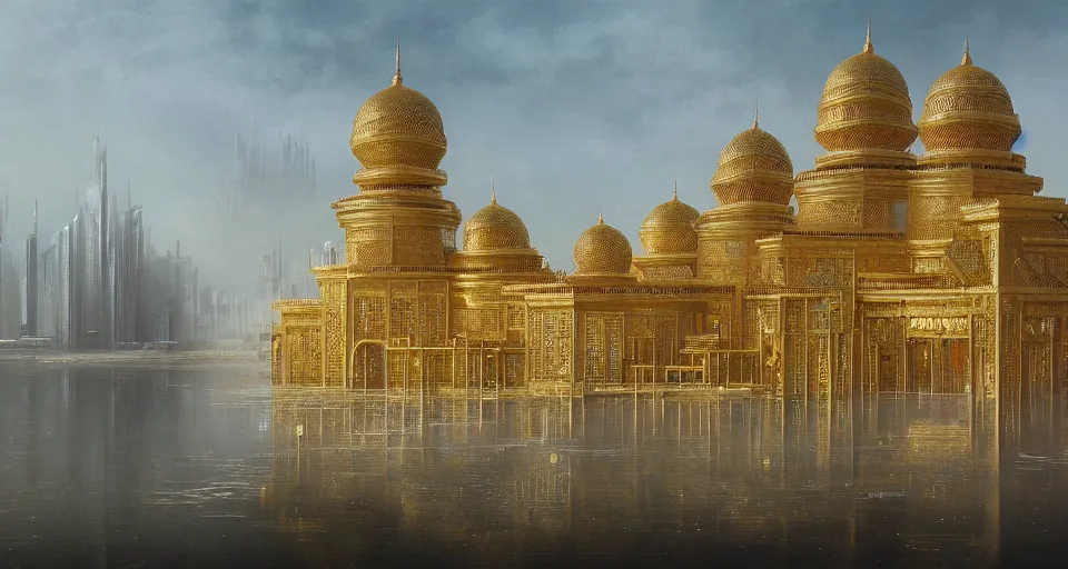 Prompt: a futuristic cyberpunk golden palace with arabian architecture by Lee Madgwick