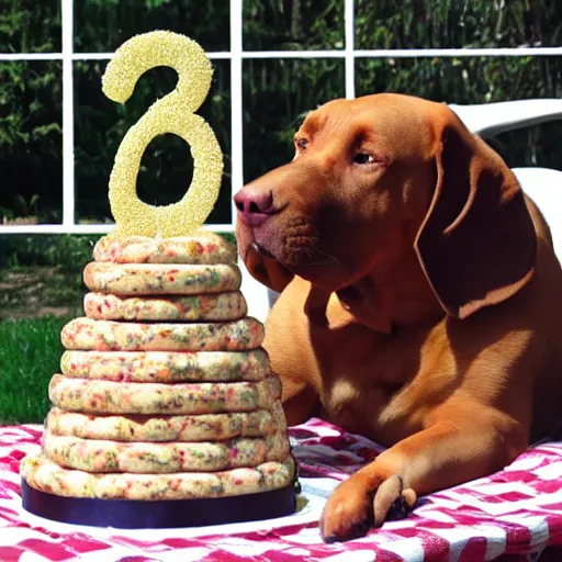 Image similar to a big dog drooling over a birthday cake made entirely of sausages