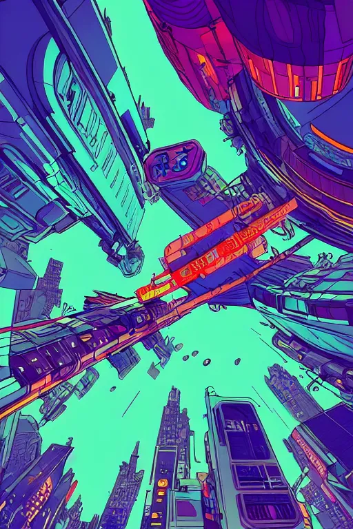 Image similar to astronaut cyberpunk surreal upside down city, neon lights, sharp edges, flat colors, cell shaded by moebius, Jean Giraud, trending on artstation