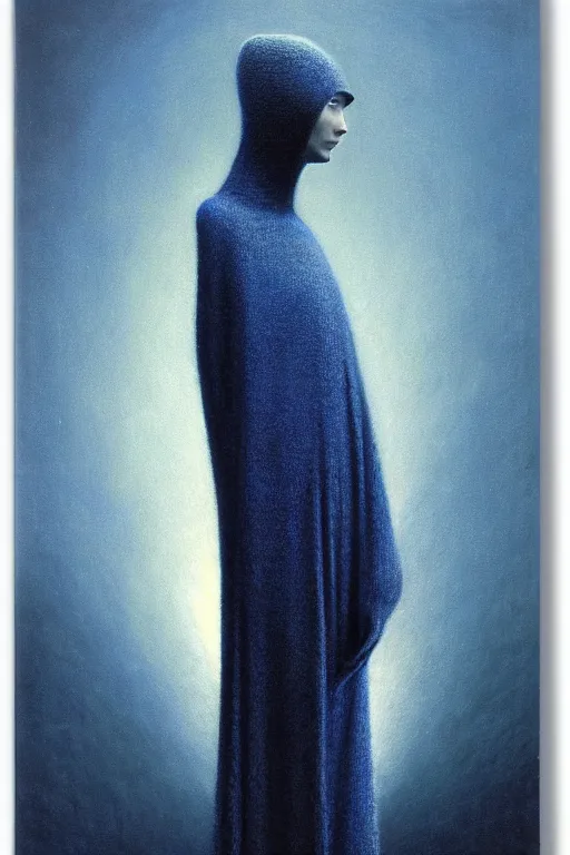 Prompt: a portrait of the sapphire herald in an elegant winter sweater, by zdzislaw beksinski, by dariusz zawadzki, artbook, tone mapped, deep blues, shiny, soft lighting