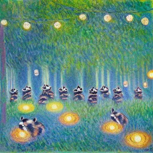 Prompt: painting of raccoon parade through a forest at night with colorful paper lanterns in the style of Claude Monet