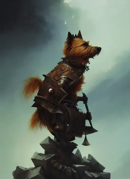 Image similar to norwich terrier as an knight, backround dark, highly detailed, digital illustration, trending in artstation, modern painting, smooth, sharp focus, intricate, by peter mohrbacher