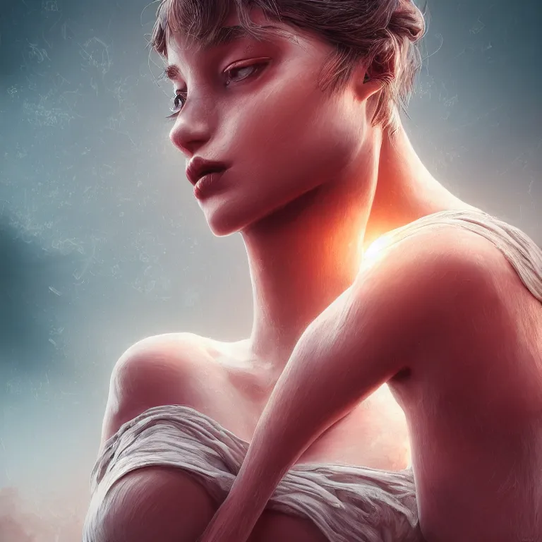 Image similar to a beautiful Cotton Mill Girl, symmetrical, perfect body and face, anatomically correct, centered, dramatic angle, ornate, details, smooth, sharp focus, illustration, realistic, cinematic, artstation, award winning, rgb , unreal engine, octane render, cinematic light, macro, depth of field, blur, red light and clouds from the back, highly detailed epic cinematic concept art CG render made in Maya, Blender and Photoshop, octane render, excellent composition, dynamic dramatic cinematic lighting, aesthetic, very inspirational, arthouse by Henri Cartier Bresson