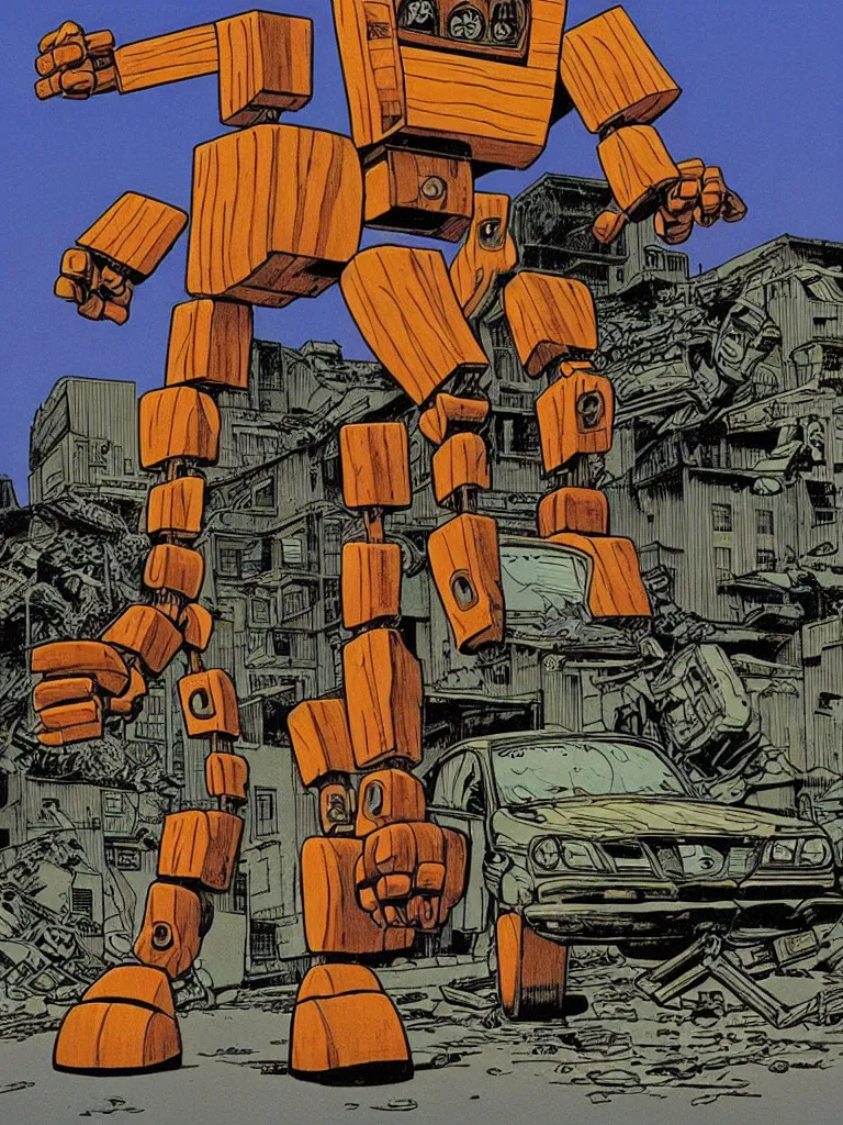 Image similar to an individual Giant wooden robot walking down the street, a crushed car is under the robot’s foot by Richard Corben