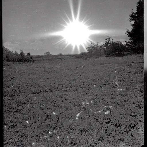 Prompt: a very bright flash in the sky, a large explosion in the distance, taken on a ww 2 camera, very high bloom ammount, realistic, the photograph is very dirty.