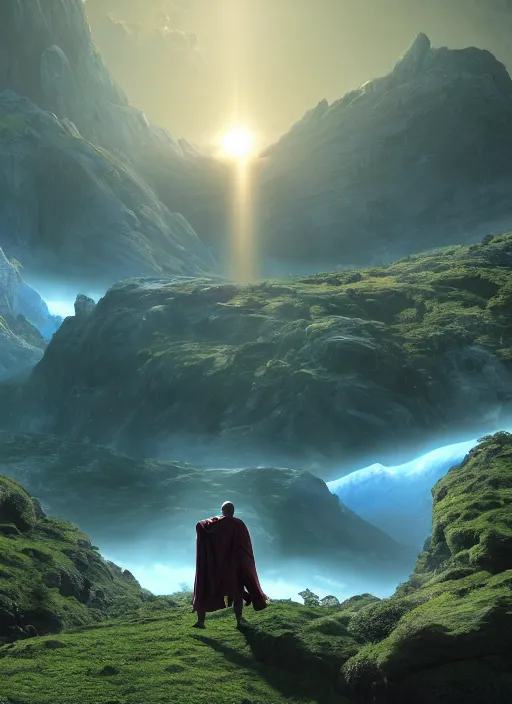 Image similar to a cosmic monk in lord of the rings scenery landscape, looking out at a lush valley, futuristic alien spacecraft in the sky, sunrise, god's rays, highly detailed, vivid color, cinematic lighting, perfect composition, 8 k, gustave dore, derek zabrocki, greg rutkowski, belsinski, octane render