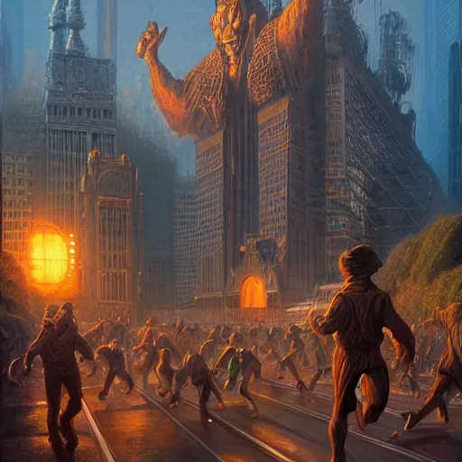 Prompt: bunch of people running away from a bitcoin giant in the city, hyper detailed, trending on artstation, cinematic composition hdr, 8 k, beautiful lighting, sharp details, art by tim hildebrandt and wayne barlowe and bruce pennington and ruan jia and larry elmore.