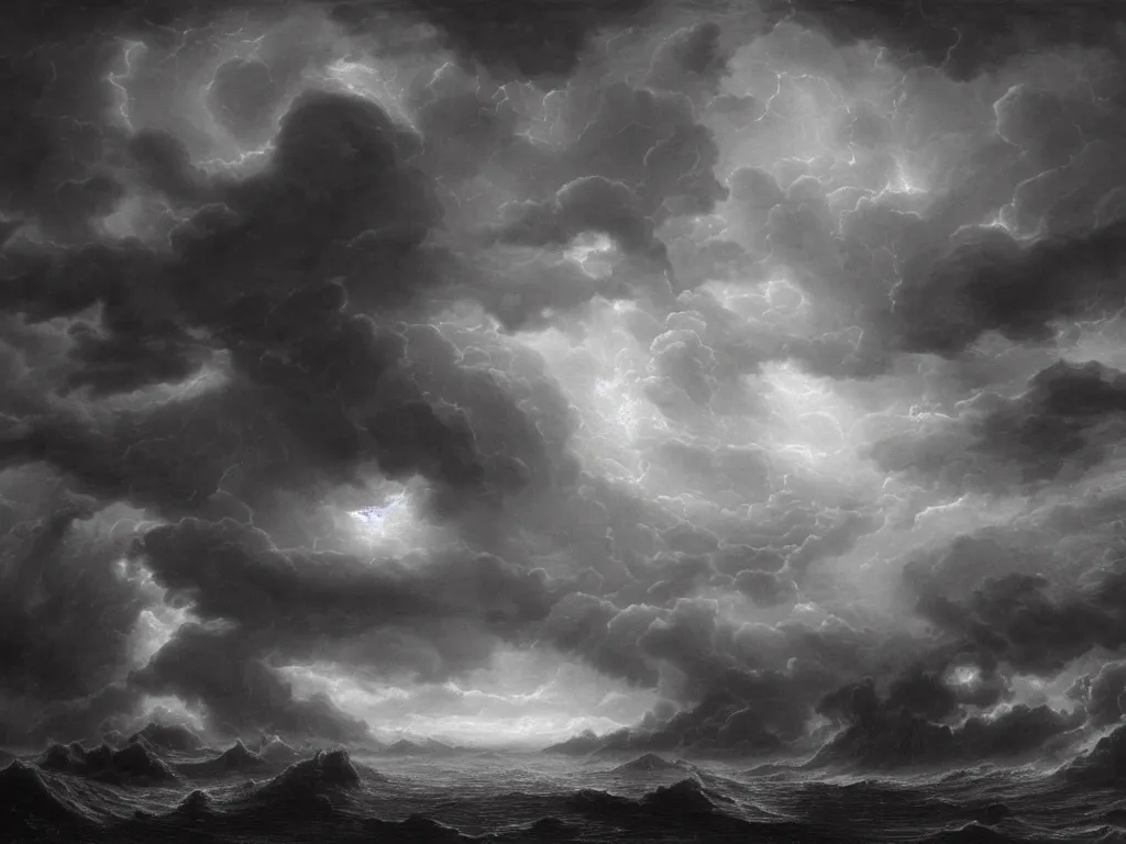 Prompt: very detailed, dark super storm, hyper realistic clouds, impressive, magical, very atmospheric, fog, cinematic, deep, very high complexity, stunning, dramatic masterpiece, iridescent, chiaroscuro, by gustave dore, john blanche, ian miller, very detailed. 4 k