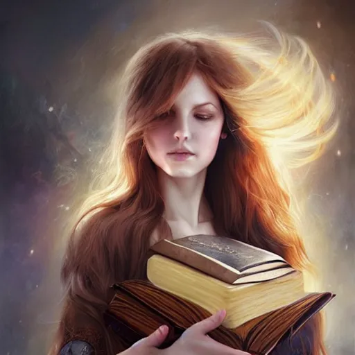 Prompt: a girl with magic book coming out from her arms, under the skin, ultradetailed, hair flowing down, 8 k, hyperrealistic, hyperdetailed, fantasy portrait by laura sava