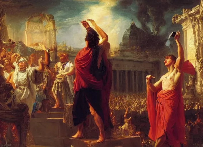 Image similar to julius caesar taking a selfie as rome burns behind him by thomas cole and vladimir volegov and alexander averin and pierre auguste cot and delphin enjolras