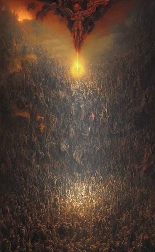 Prompt: hordes of demons breaking into heaven, baroque architecture, detailed, vivid colors, masterpiece painting, octane render, volumetric lighting, cinematic, by gustave dore, by michelangelo, by beksinski