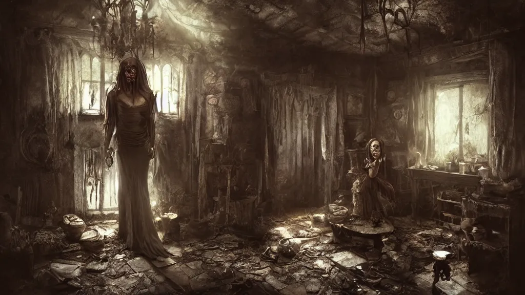 Prompt: An ancient witch in the shadows of a decrepit cottage, highly detailed interior , horror, by Bastien LeCouffe-Deharme, hyperrealistic, Blender 8k UHD