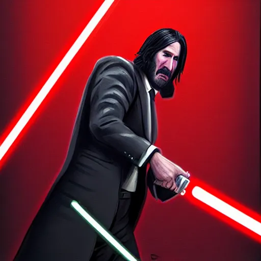 Image similar to John Wick wielding a red lightsaber, by Frederic Church, trending on artstation 4k.