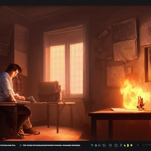 Image similar to a man and a room in a scorching hot room with two computers, inferno, d & d, fantasy digital painting, trending on artstation, concept art, sharp focus, illustration, global illumination, ray tracing, realistic shaded, art by artgerm and greg rutkowski and fuji choko and viktoria gavrilenko and hoang lap