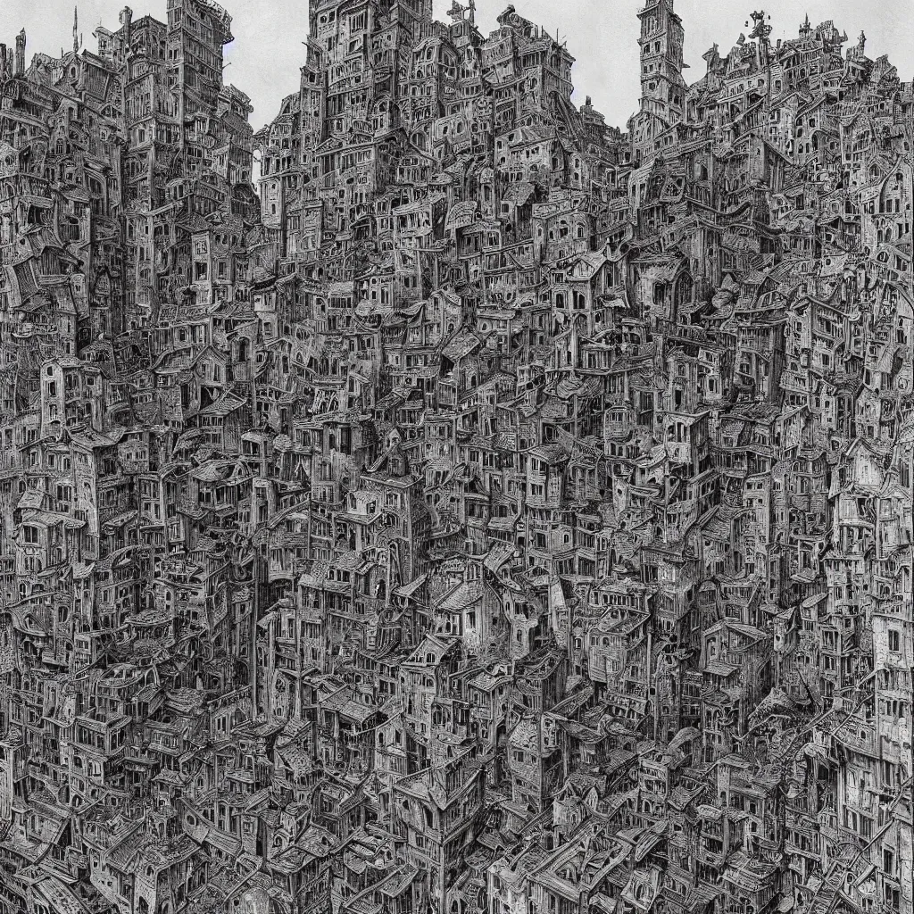 Prompt: old city inhabited by feeble eldritch beings, clear view of lovecraftian civilians, Mattias Adolfsson!!!, Piranesi!, Zdzisław Beksiński!!!!, greeble, modern European ink painting, storybook illustration, watercolor, dystopian, surrealism