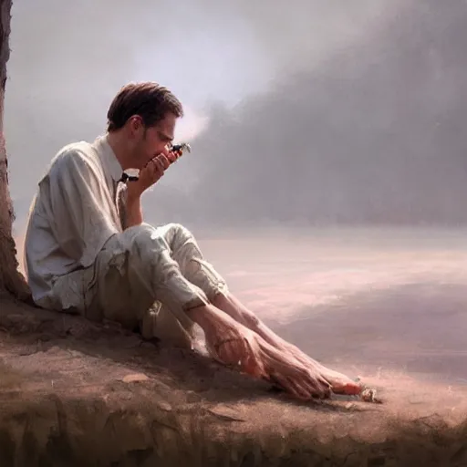 Image similar to a highly detailed epic cinematic concept art CG render digital painting artwork costume design: Henry Fonda as a 1950s tired poet, barefoot, smoking a cigarette. By Greg Rutkowski, Ilya Kuvshinov, WLOP, Stanley Artgerm Lau, Ruan Jia and Fenghua Zhong, trending on ArtStation, subtle muted cinematic colors, made in Maya, Blender and Photoshop, octane render, excellent composition, cinematic atmosphere, dynamic dramatic cinematic lighting, aesthetic, very inspirational, arthouse