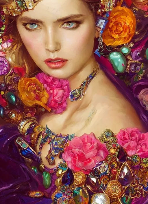 Prompt: a woman in an elaborate and ornate dress lying down on a background of colorful jewels. beautiful highly detailed face. painting by artgerm and greg rutkowski and raymond swanland.