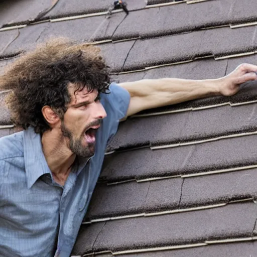 Image similar to photo of 40 year old tall skinny man with curly brown hair destroying a roof