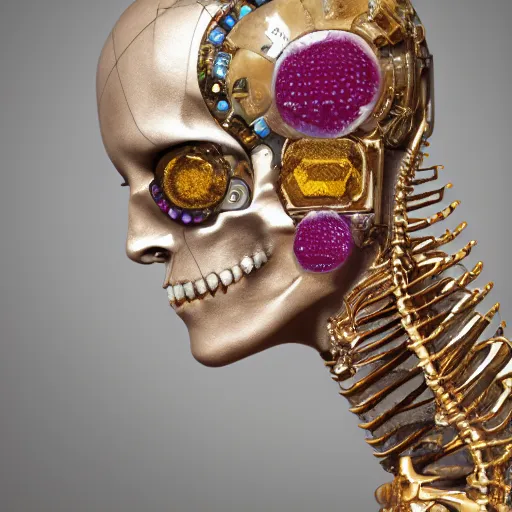 Image similar to half female half android laid down with visible gems inlaid in skin with anatomic description, antique style, skeleton, gems, cameo, gold, 8k, details, studio lighting, realism, complex lights