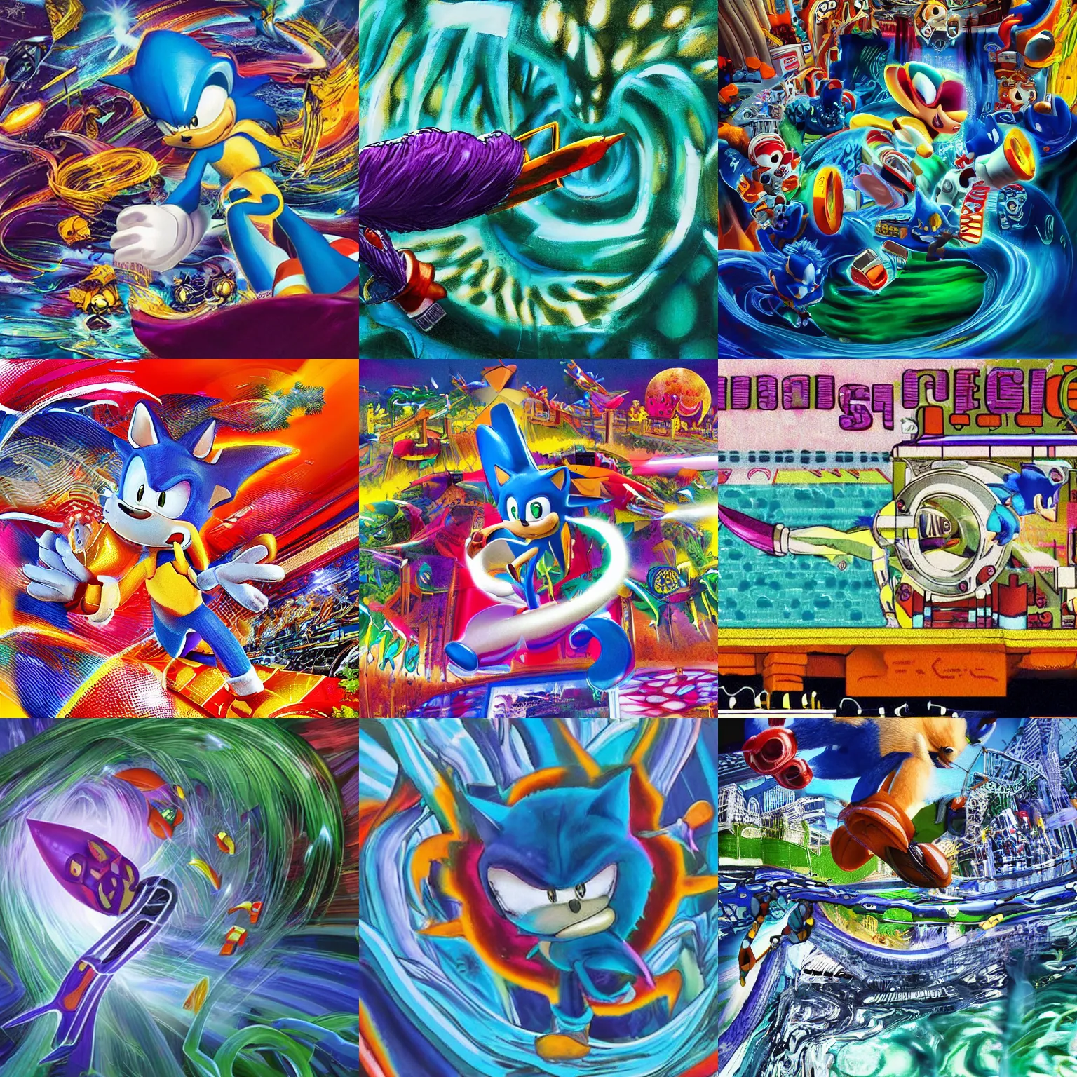 Prompt: sonic closeup surreal, sonic, sharp, detailed professional, high quality airbrush art MGMT album cover of a liquid dissolving LSD DMT blue sonic the hedgehog surfing through cyberspace, tropical ocean, purple checkerboard background, 1980s 1985 arcade video game album cover