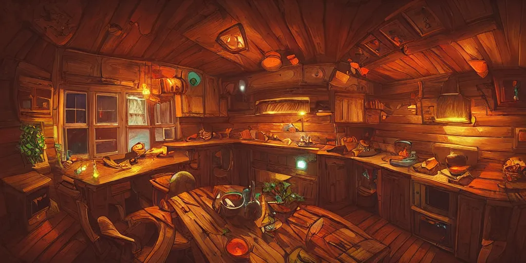 Prompt: epic illustration fisheye lens of a wooden kitchen dim lit by 1 candle in a scenic environment by Anton Fadeev and Steve Purcel