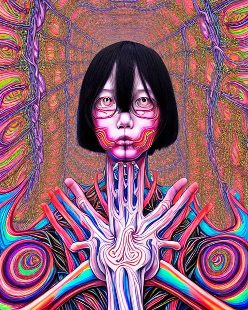 Image similar to human spirit breaking away, conjuring psychedelic background, part by shintaro kago, part by alex gray, ross tran, james jean, ultra realistic, highly detailed, 8 k, trending on artstation, symmetry