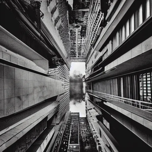 Prompt: street view of an upside-down city, ominous, creepy, eerie, liminal, scary, horror, nightmare::dark, night, dark horror buildings, upside-down, raining heavily, storming, dilapidated