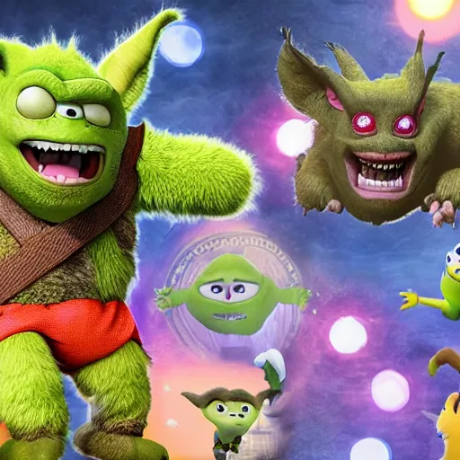 Image similar to ryan reynolds godzilla yoda donkey kong pikachu yeti shrek super mario homer groot waluigi darth vader mike wazowski, highly detailed, extremely high quality, hd, 4 k, 8 k, professional photographer, 4 0 mp, lifelike, top - rated, award winning, cinematic, realistic, detailed lighting, detailed shadows, sharp, no blur, edited, corrected, trending